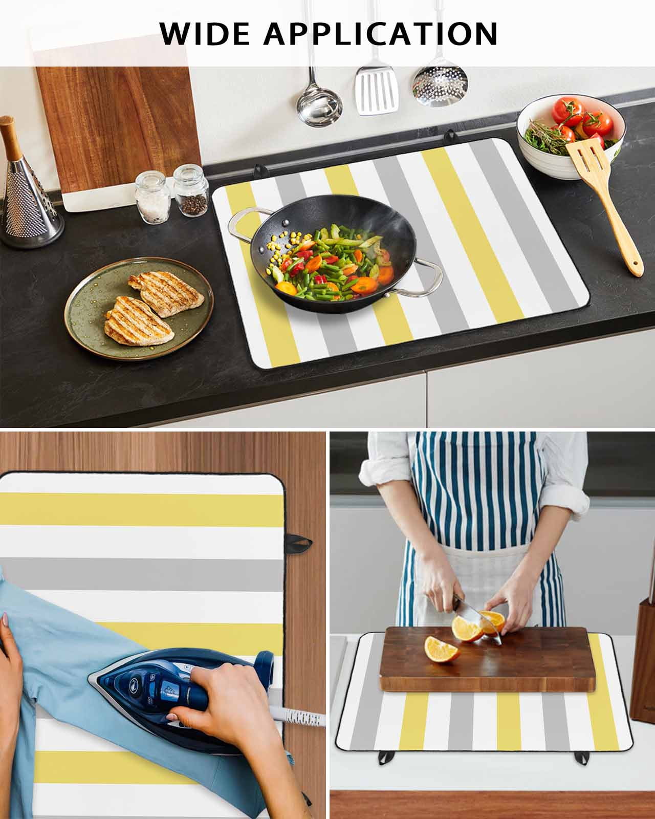 nqOlkjepod Large Induction Cooktop Protector Mat 31"x24", Yellow Grey Striped Stove Top Covers for Electric Stove, Geometric Vertical Stripes White Stove Burner Cover Mats, Glass Top Stove Cover
