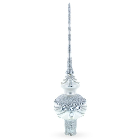 Dimensional White Jewels on White Glass Christmas Tree Topper 11 Inches