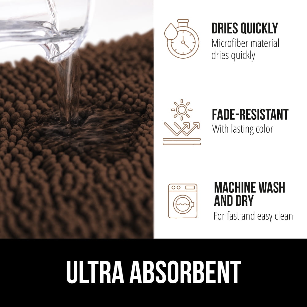 GORILLA GRIP Chenille Bath Rug 24x17, Rubber Backing Quick Dry Washable Microfiber Mats, Brown