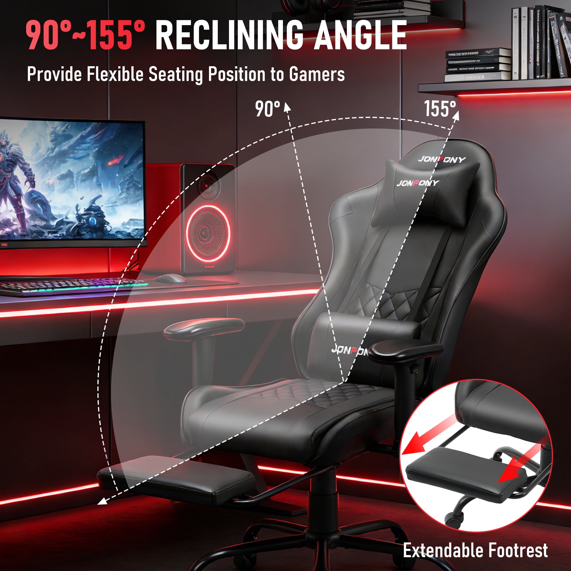 JONPONY Big and Tall 400LBS Gaming Chair, Ergonomic Design with 2D Armrests,PU Leather with Footrest and Lumbar Support, High Back Office Chair Support 8 Hours Long Sitting, Computer Chair,Black