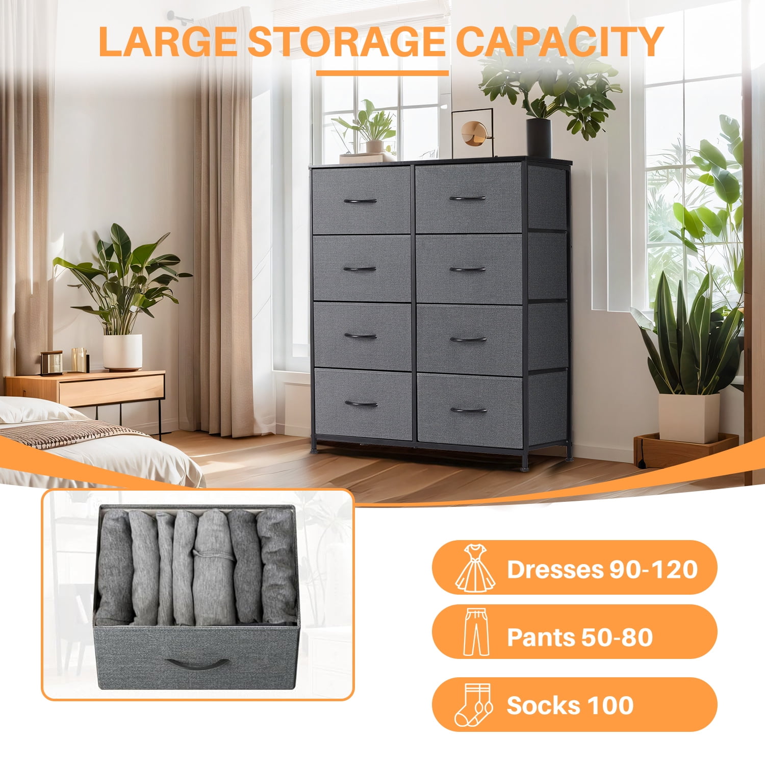 Simenmax 8 Drawer Dresser for Bedroom Fabric Dresser Chest of Closets Storage Units Organizer Tower Wooden Top Shelf for Bedroom, Hallway, Entryway, Closet,Gray