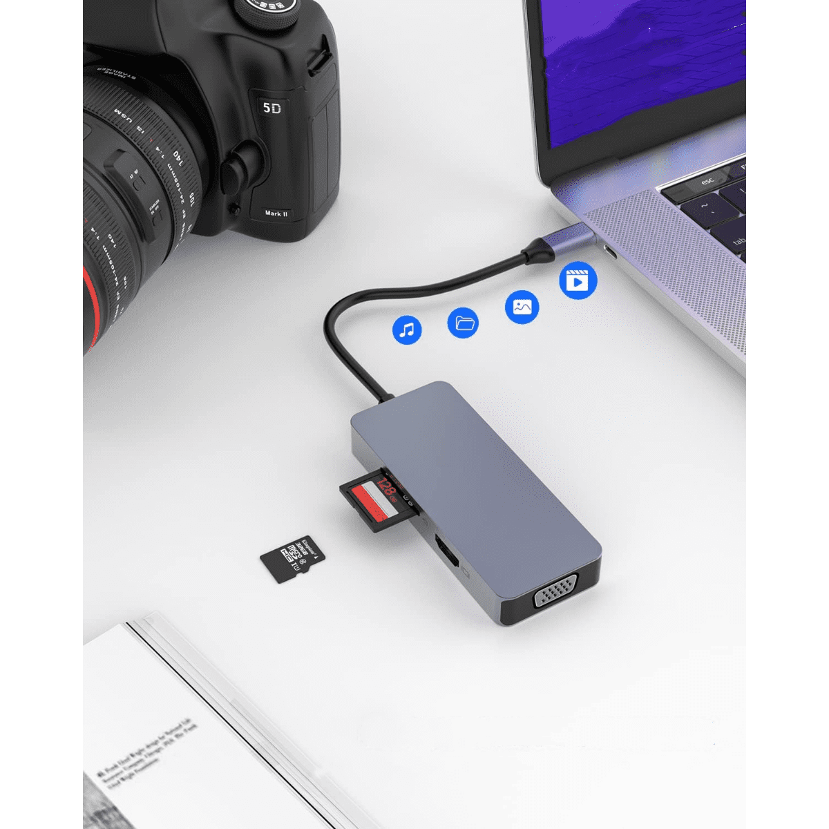 USB C Hub, Docking Station, 6 in 1 Docking Station Type C Hub with 4K HDMI Port, VGA Port, 2 USB 2.0 Ports, SD/TF Card Reader, for MacBook and Other Type C Laptops