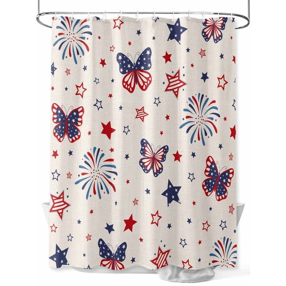 4th of July Stall Shower Curtain, Waterproof Shower Curtains for Bathroom, Rustic Butterfly Star Blue Red Fireworks Washable Fabric Cloth Bath Curtain for Bathtub Decoration with Hooks 36x72 Inches