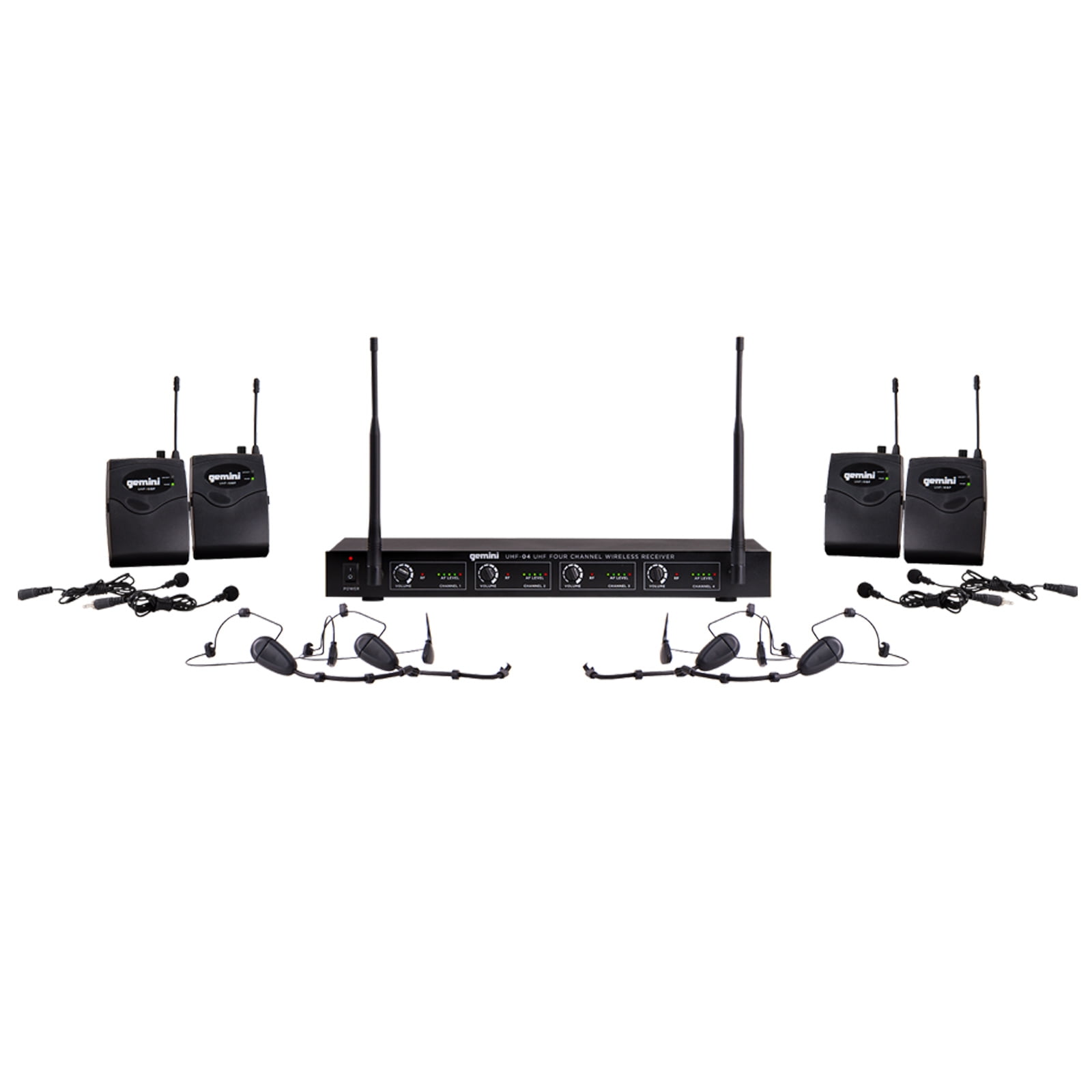 Gemini UHF-04HL Four Channel Headset/Lavalier Wireless Microphone System with Carrying Case Package