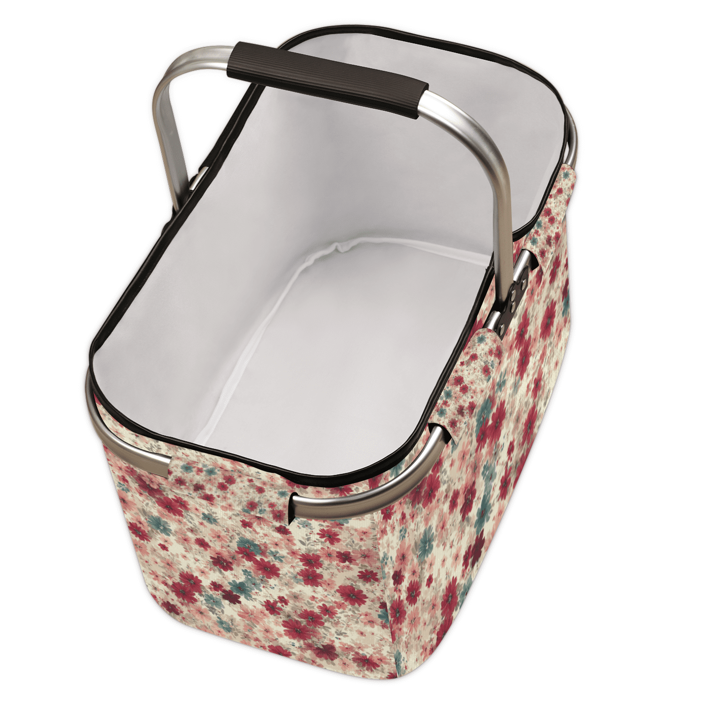 Large 40L Collapsible Market Basket Floral Print Foldable Shopping Tote with Handle for Grocery, Picnic, Beach