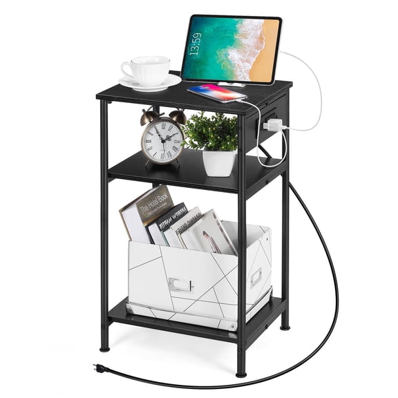 Nightstand with Charging Station & 3-Tier Shelves - Narrow Side Table with USB Ports, Outlets & Storage for Bedroom, Living Room