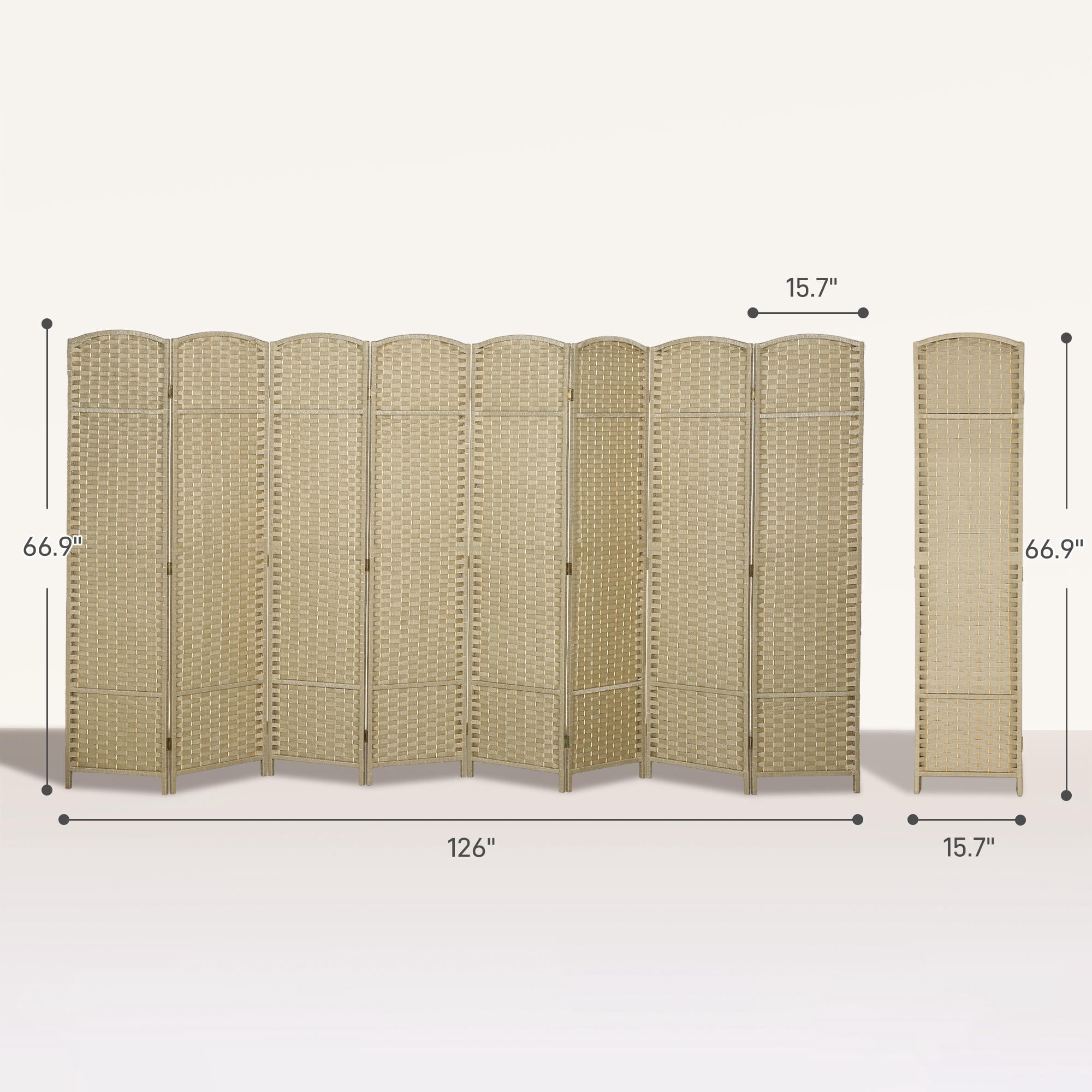 8 Panel Folding Room Divider 5.6' (66.9") Tall Privacy Screen, Freestanding Polypropylene Woven Partition with Pine Wood Frame for Home Office, Beige