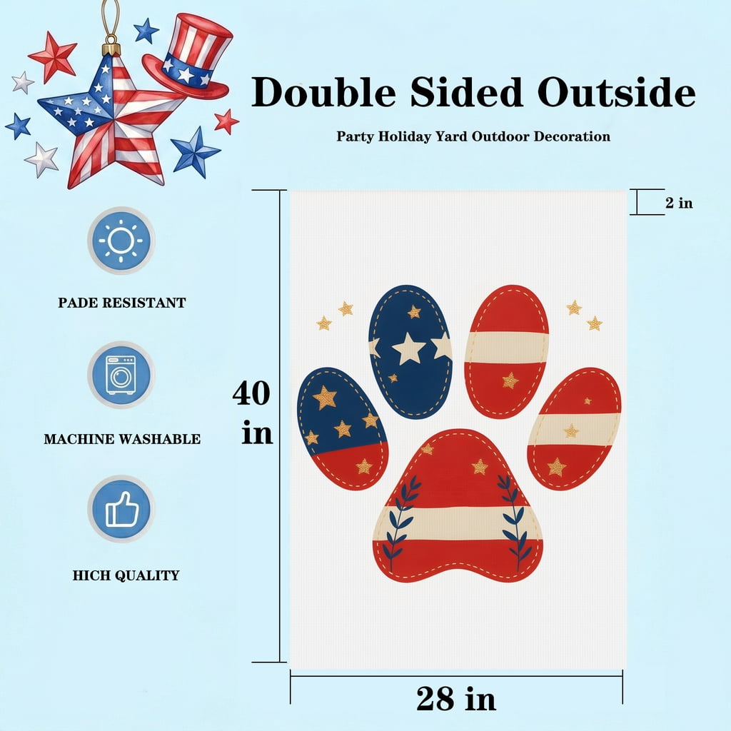 USA Garden Flag 28x40 Patriotic House Flag for Outdoor Decor with Red White Blue Paw Print Stars Stripes
