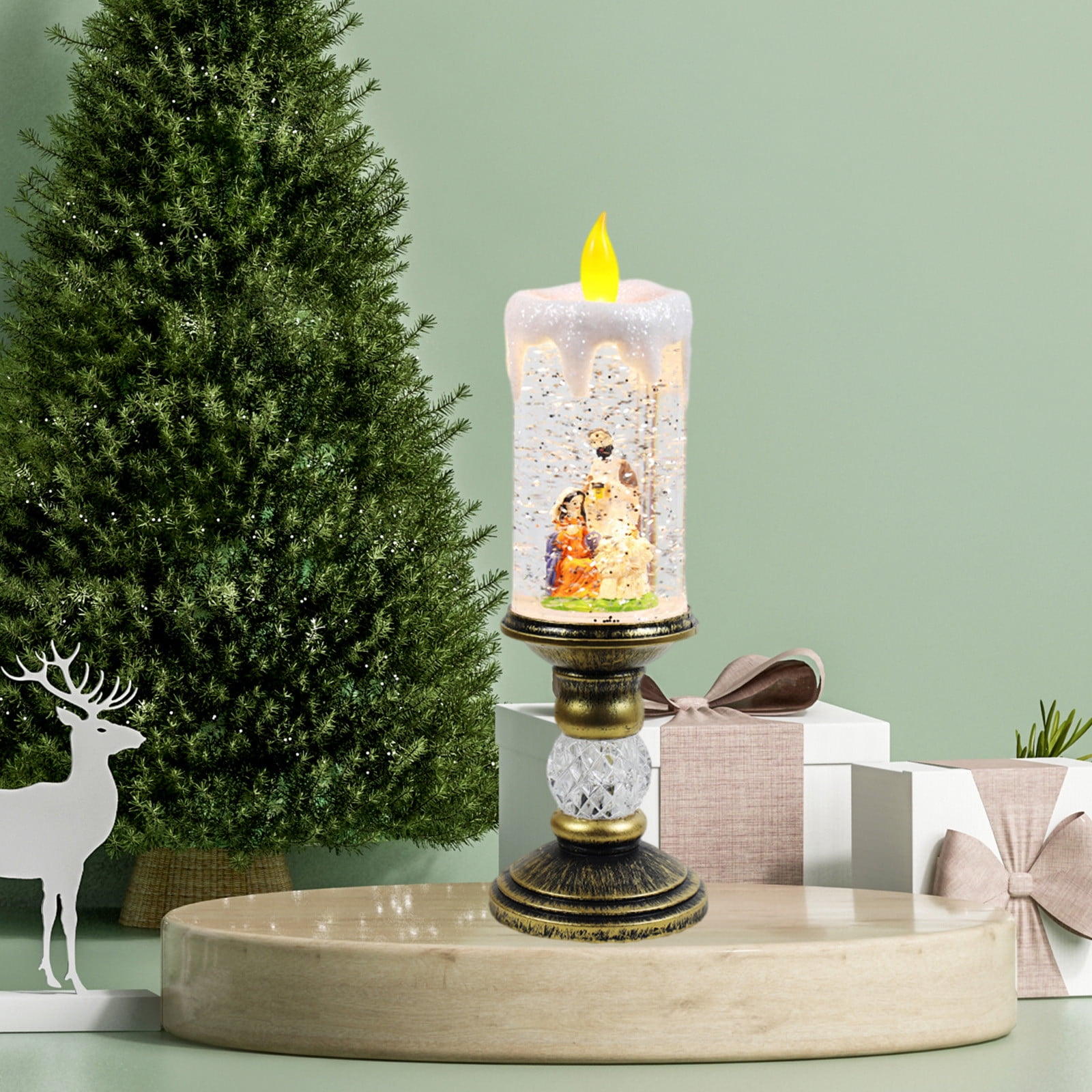 Dengmore Christmas Ornament Resin Luminous Santa Snowman Imitation Candle Light with Music Box LED Flameless Flickering Candle Lights Retro Night Light for Living Bedroom Xmas Decor