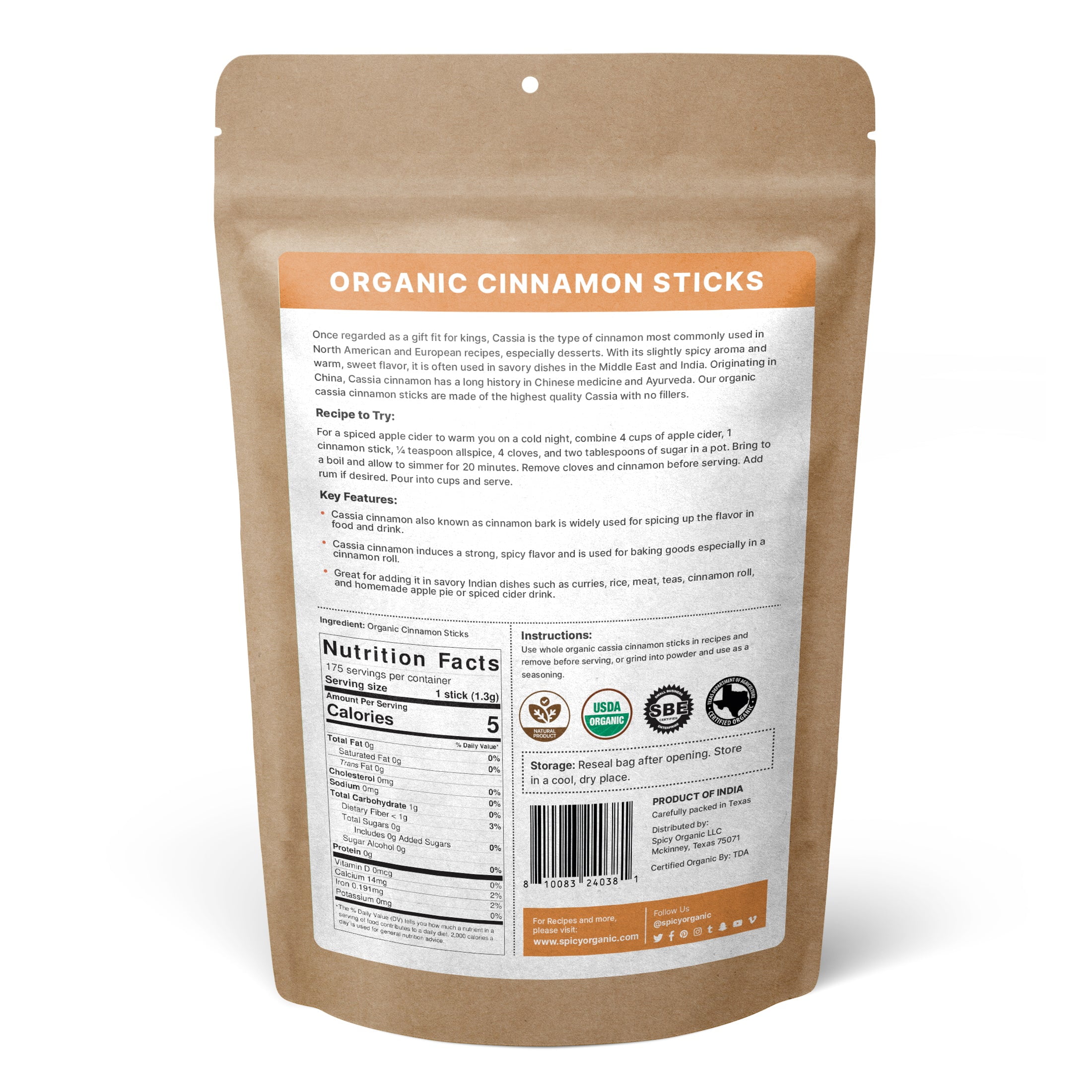 SPICY ORGANIC Cinnamon Sticks - 100% USDA Certified Organic - With Strong Aroma, Ideal For Cooking & Baking