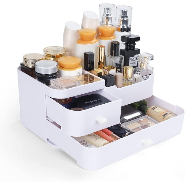 Organizador de cosméticos con cajón, organizador para el cuidado de la piel, organizador de tocador para brochas de maquillaje, sombra de ojos, loción, lápiz labial, esmalte de uñas y joyas.