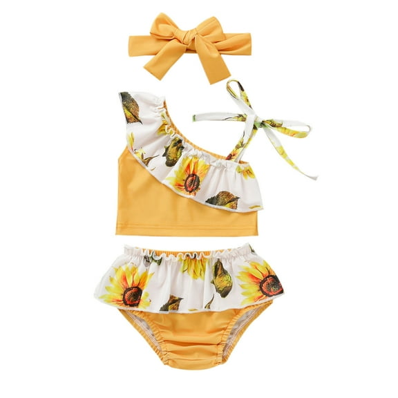 RUTAYY Toddler Summer Girls Bowknot Flower Printed Ruffles 2PCS Swimwear Swimsuit Bikini With Headband Beach Vacation Resort Beachwear, 3-6 Months