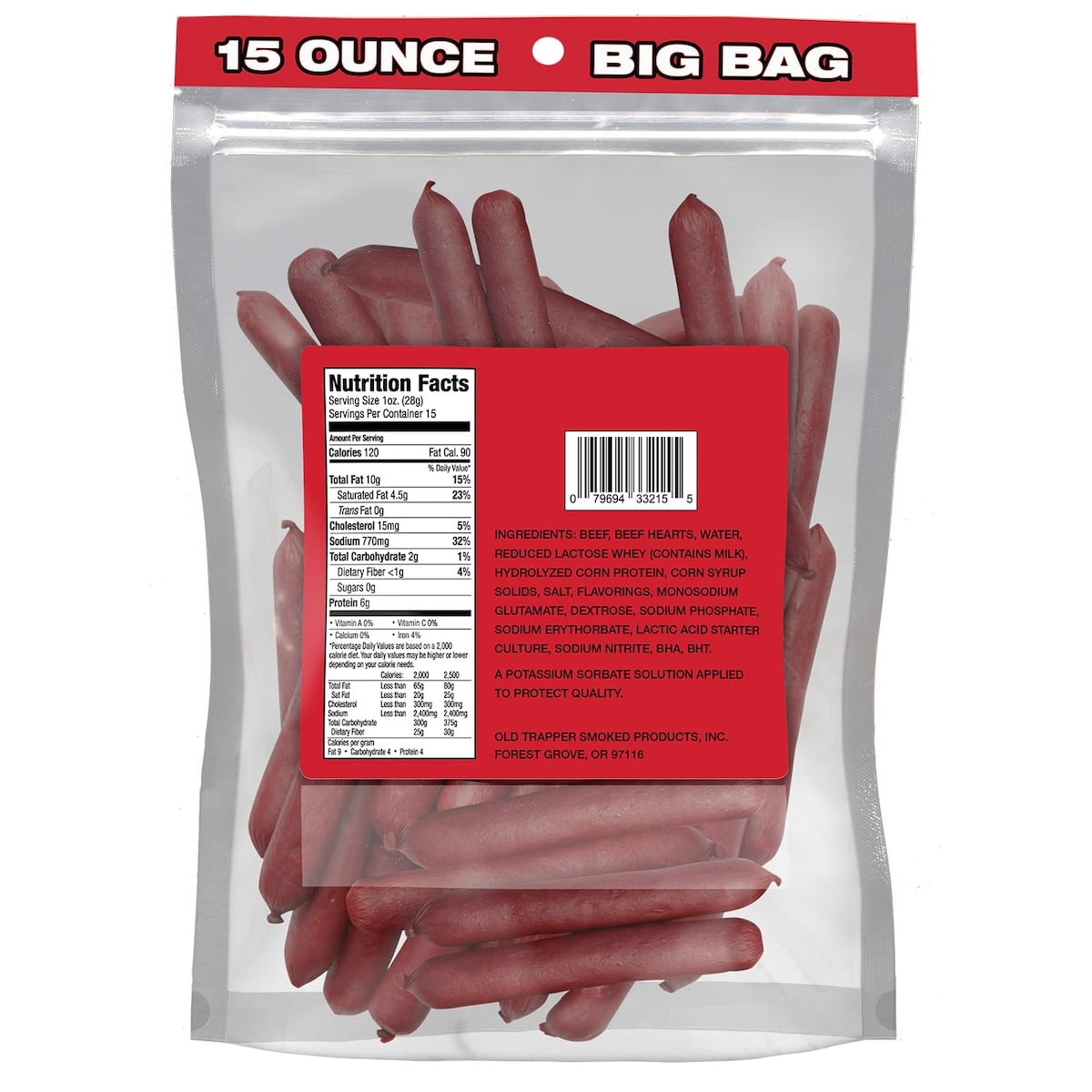 (2 pack) Old Trapper Jalapeno Smoked Beef Stick 15oz Resealable Bag
