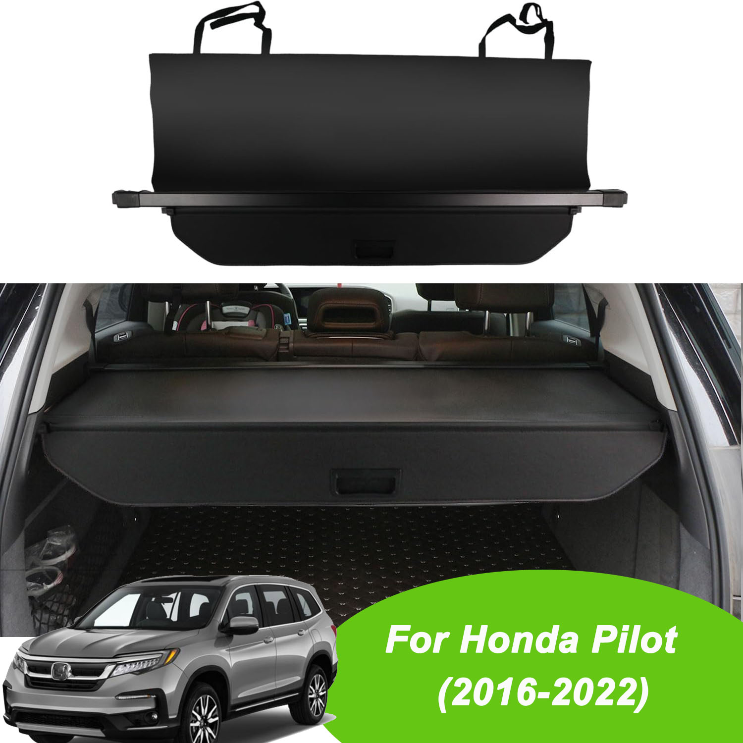 Retractable Cargo Cover / Trunk Shade For Honda Pilot (2016-2022) - Black Vinyl, Waterproof - Direct Add-On