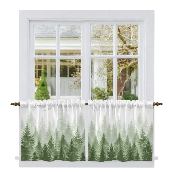 Sage Green Ombre Forest Tier Curtains 24 Inch Length, Nature Landscape Pine Trees Cafe Short Curtains for Bathroom Over Sink, Small Kitchen Curtain Light Filtering Tiered Drapes 2 Panels 27.5"Wx24"L