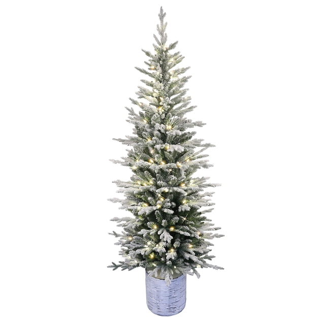 Árbol de Navidad Puleo International, abeto ártico flocado preiluminado de 7.5 pies