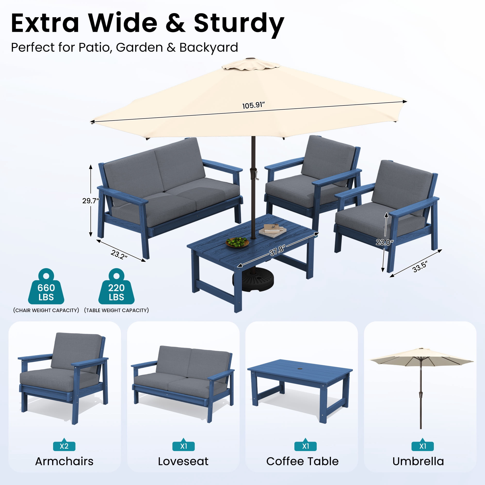 SERWALL 6 Pieces Outdoor HDPE Patio Furniture Set, Conversation Set with Cushions, 2 Armchairs & 1 Loveseat & 1 Coffee Table & 1 Umbrella for Poolside, Balcony, Porch & Backyard,Blue / Grey