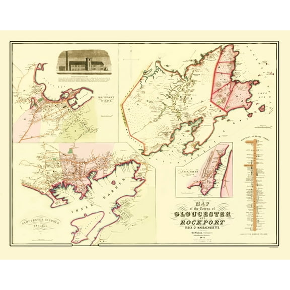 Historic City Map - Gloucester Rockport Massachusetts - Walling 1851 - 23 x 28.99 - Vintage Wall Art