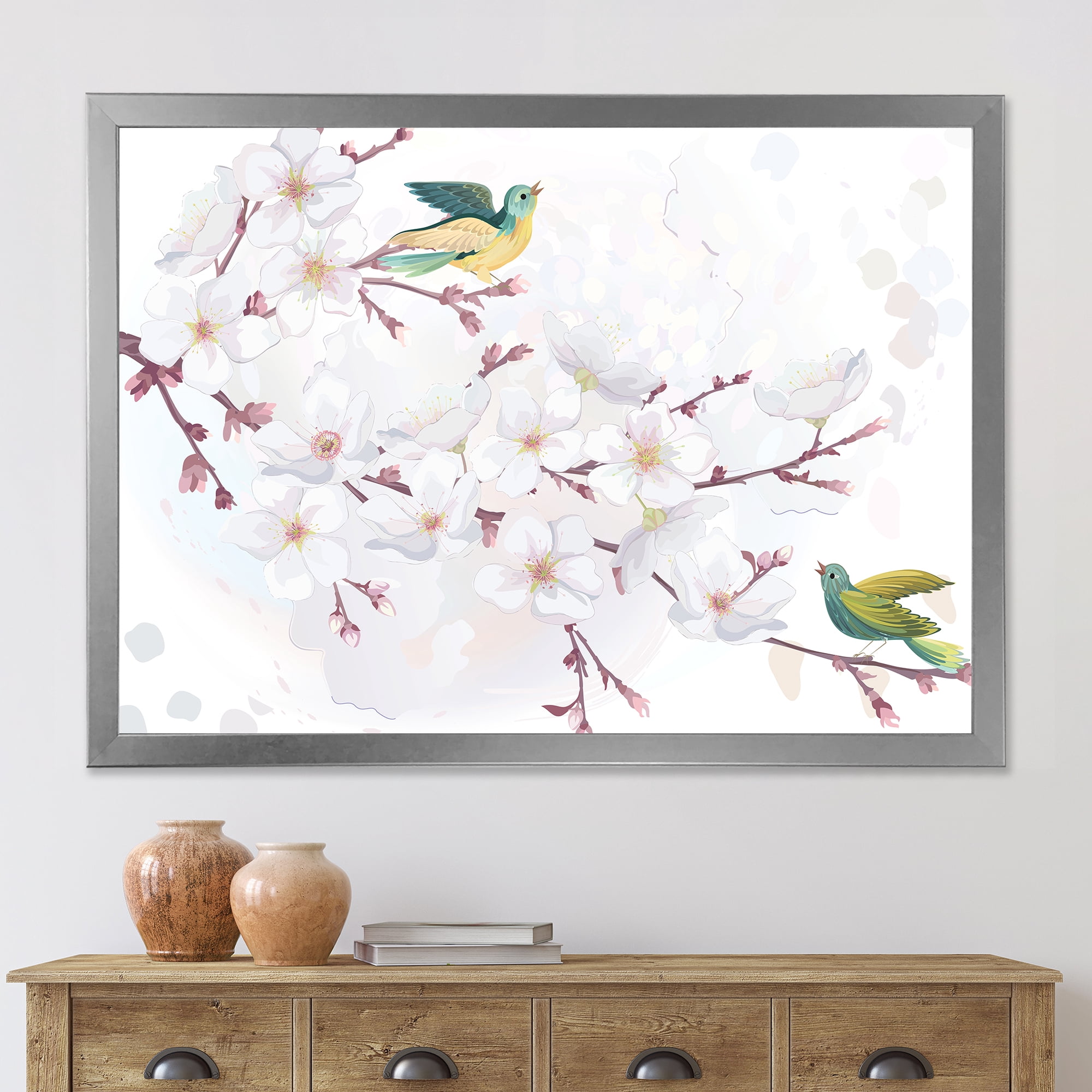 Designart 'Blossoming Cherry Tree and Birds' Traditional Framed Art Print