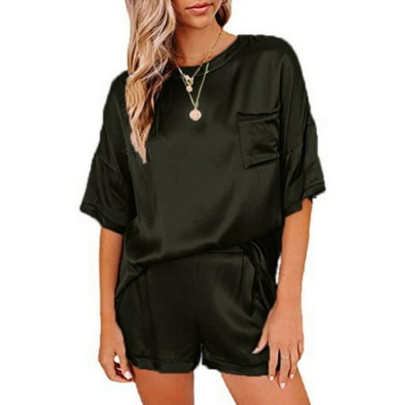 

2PC Lingerie For Women Solid Color Imitation Silk Pajamas Home Clothes Short Sleeved Shorts Irregular Two-Piece Suit