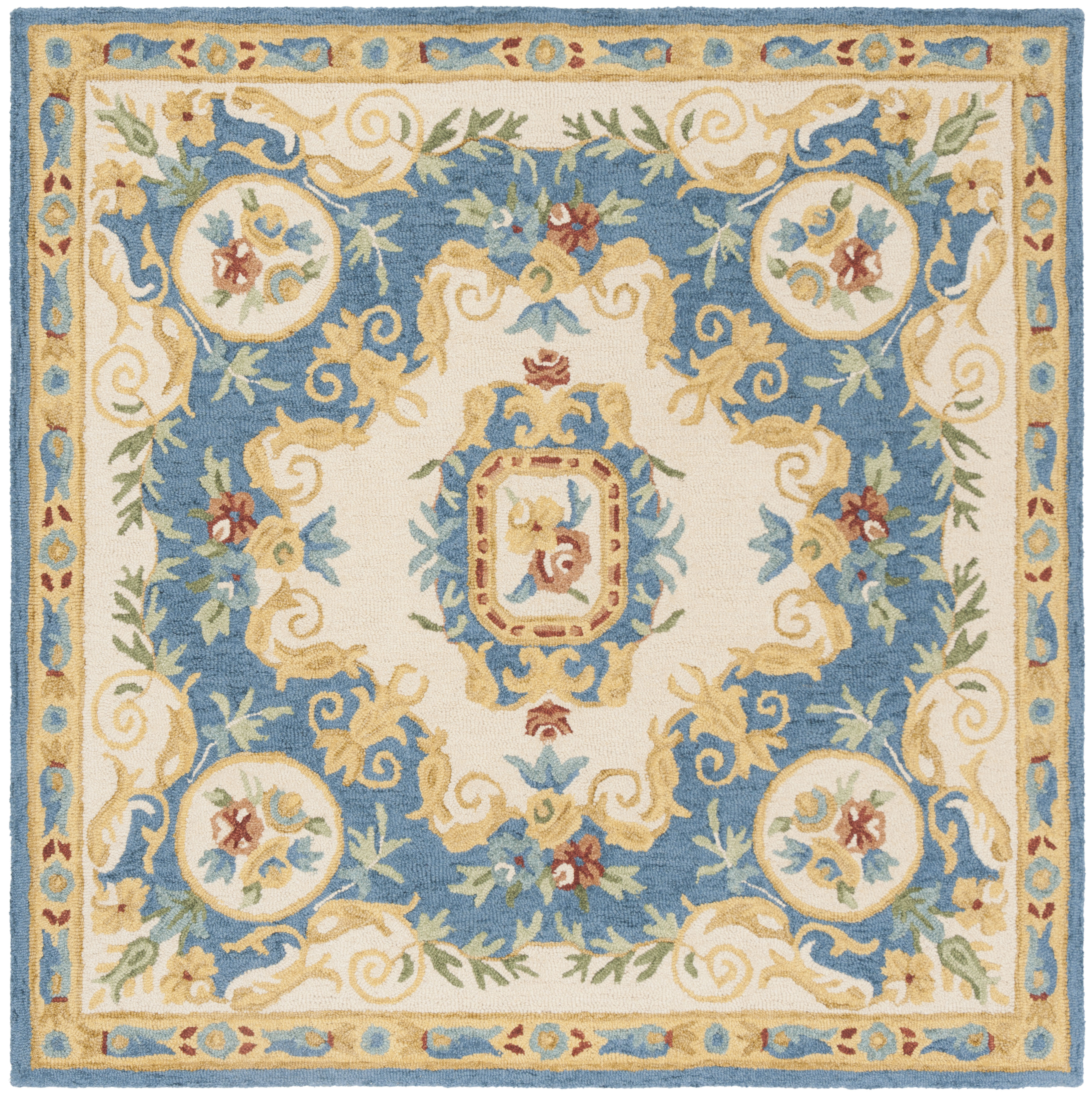 SAFAVIEH Micro-Loop Ibrahim Floral Bordered Wool Area Rug, Cream/Blue, 5' x 5' Square