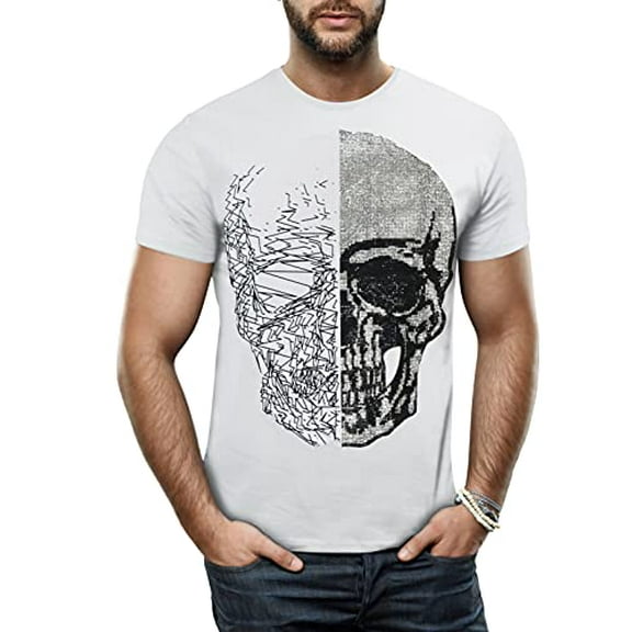HEADS OR TAILS Men's Rhinestone Graphic T-Shirt, Bling Stone Studded Slim Fit Casual Tee, Half Line Sketch Skull - White/Silver, Large