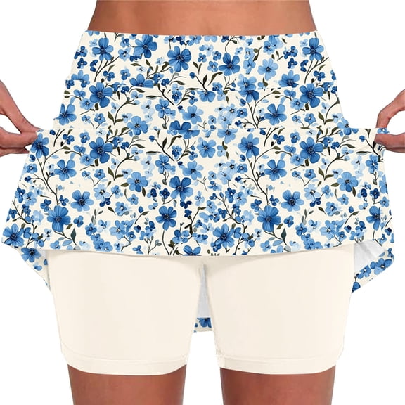 DailyTrove Women Light Blue Floral Print Skort Casual Elegant Flared Skirt with Built-in Shorts