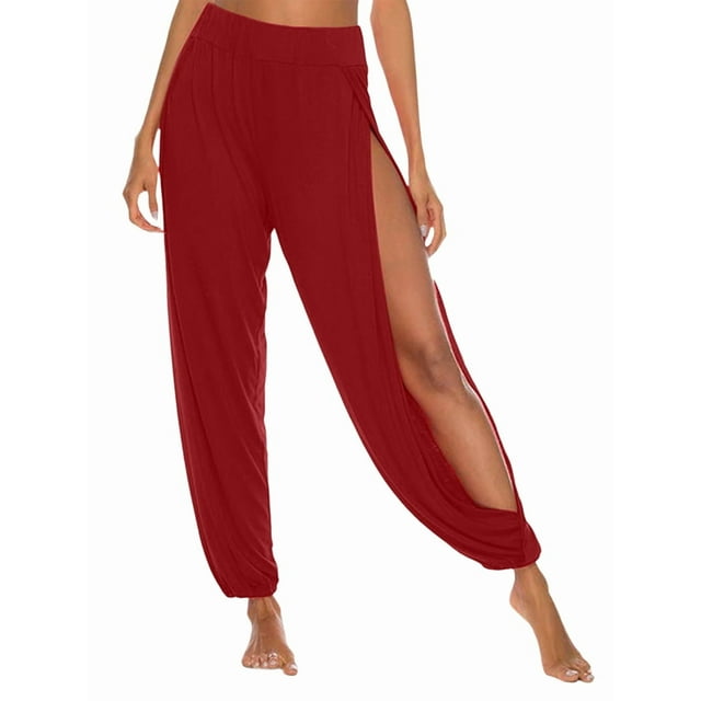 Pantalones Harén con Abertura Alta para Mujer, Pantalones Harén Hippies. Vino Tinto M