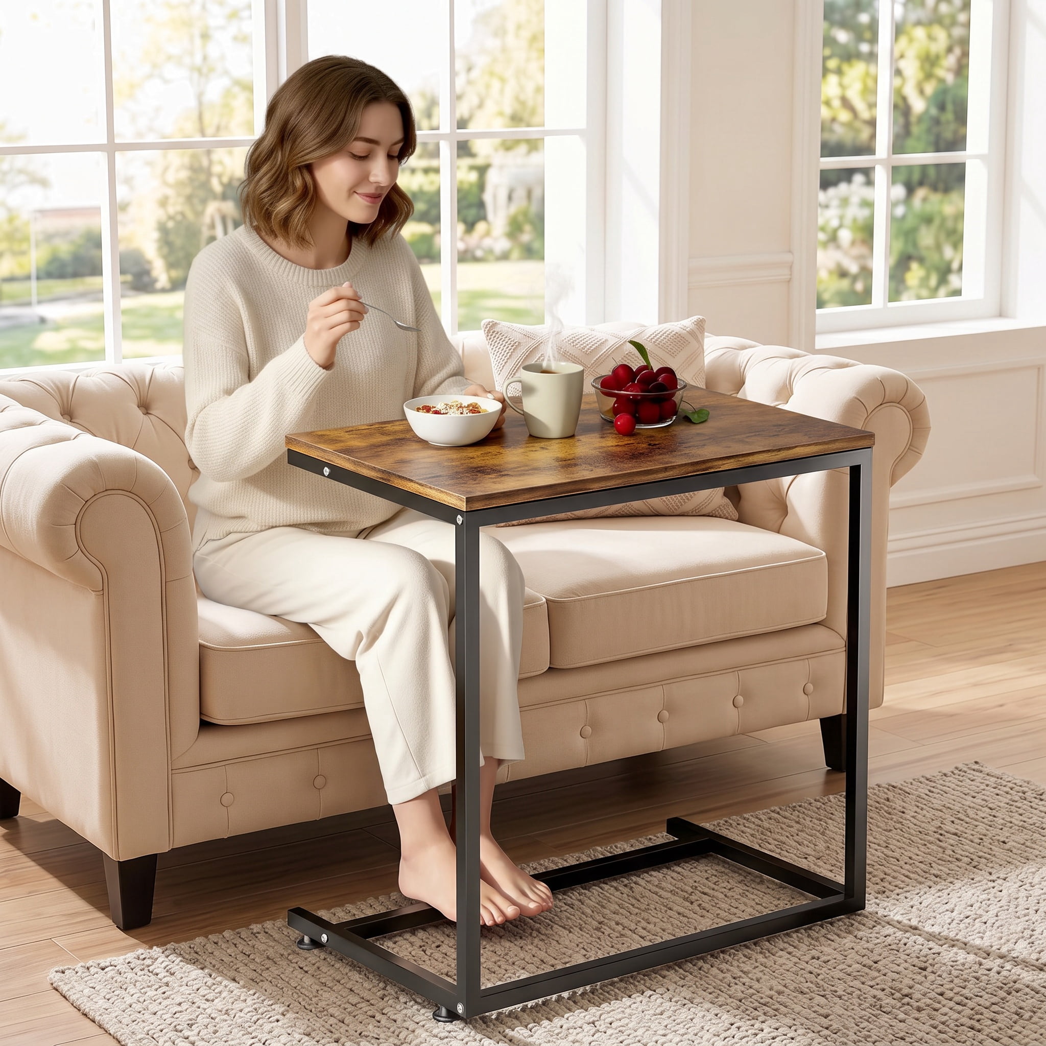C Shaped End Sofa Table, Vintage Side Couch Table for Living Room