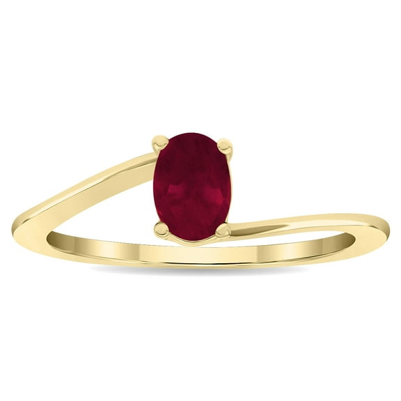 SZUL Women's Solitaire Oval Shaped Ruby Wave Ring in 10K Yellow Gold