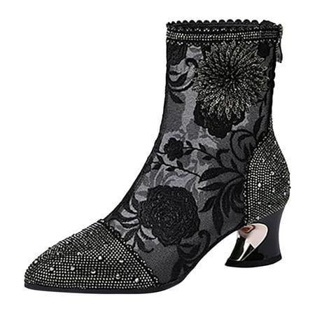 

Women Shoes Fashion Sexy Lace Rhinestone Embroidered Mesh Short Boots Pointed Toe Thick Heel Nude Bootsthigh High Boots For Women Shoes For Women