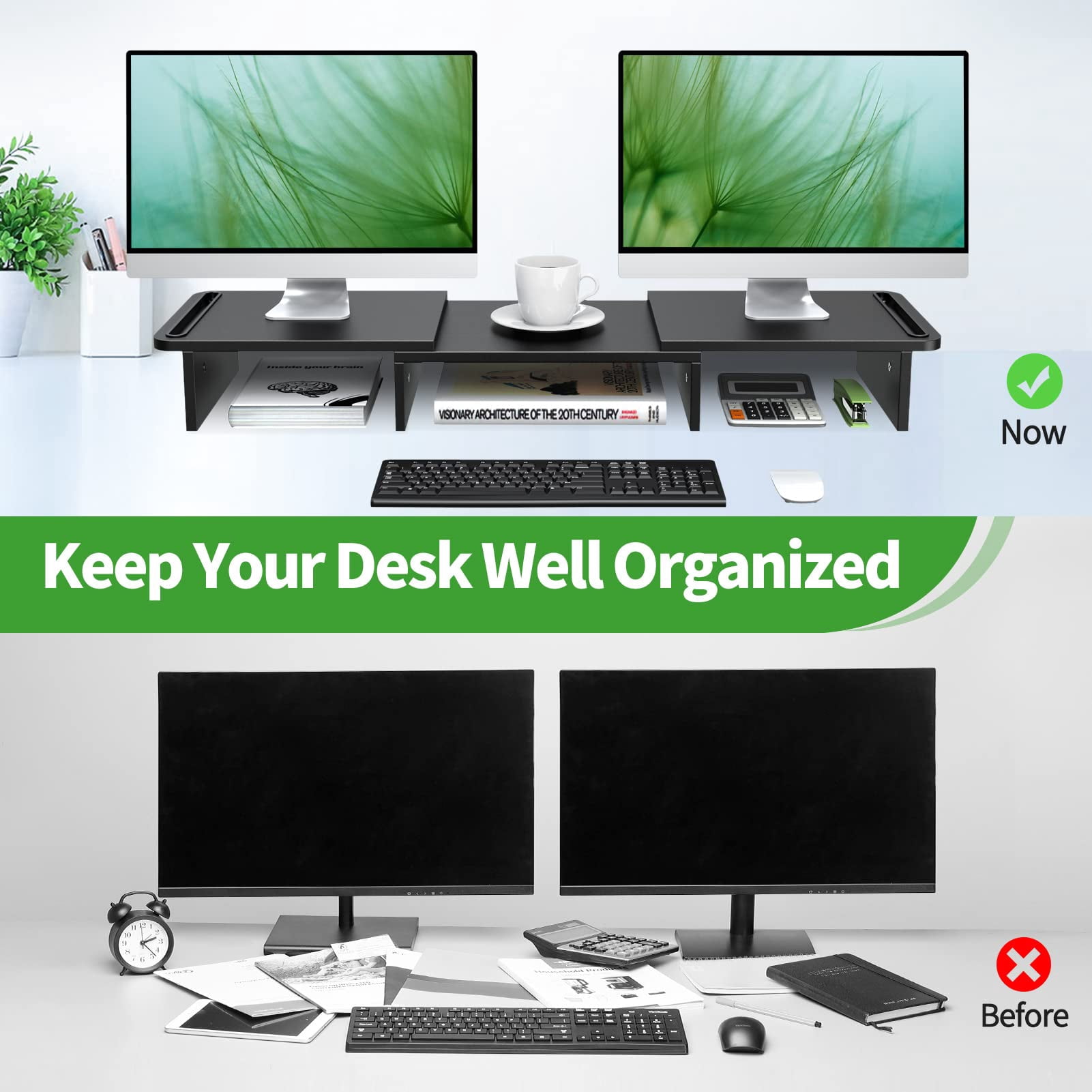 Dual Monitor Stand Riser  With Adjustable Length And Angle Wood For Desk 2 Monitors Storage Space