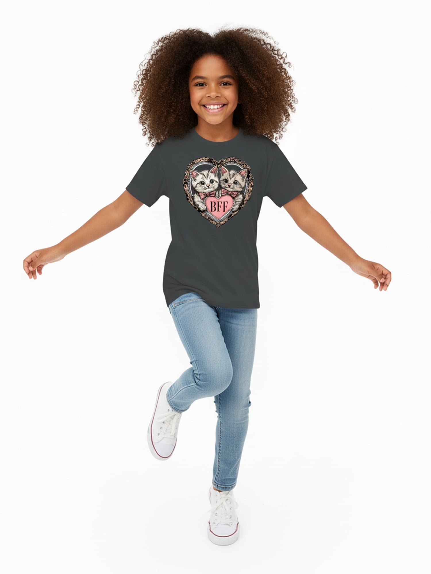 Wonder Nation Girls BFF Cats Graphic Tee with Short Sleeves, Sizes 4-18