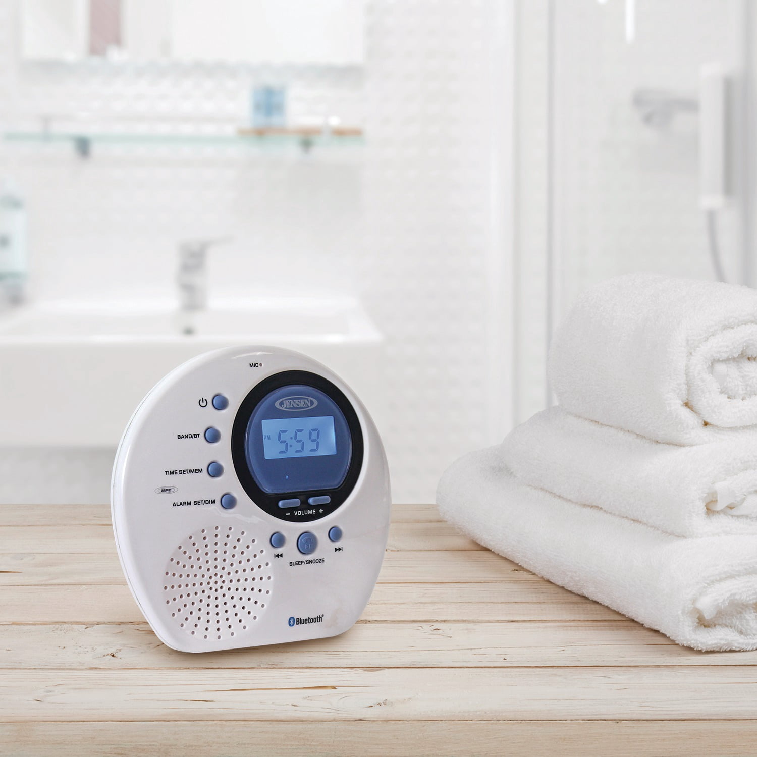 JENSEN JWM-160 Water-Resistant Digital AM/FM Bluetooth Shower Clock Radio