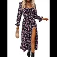 thumbnail image 1 of Vestido Midi Bohemio Floral de Larga con Cuello Cuadrado para Mujer, Informal, Estampado con Abertura Lateral Púrpura M, 1 of 8