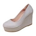 thumbnail image 2 of YTCAMLO Shiny Womens Platform Wedge Pumps Casual Slip on Close Round Toe Dress Shoes Bridal Wedges Heels for Club Date Night, 2 of 7