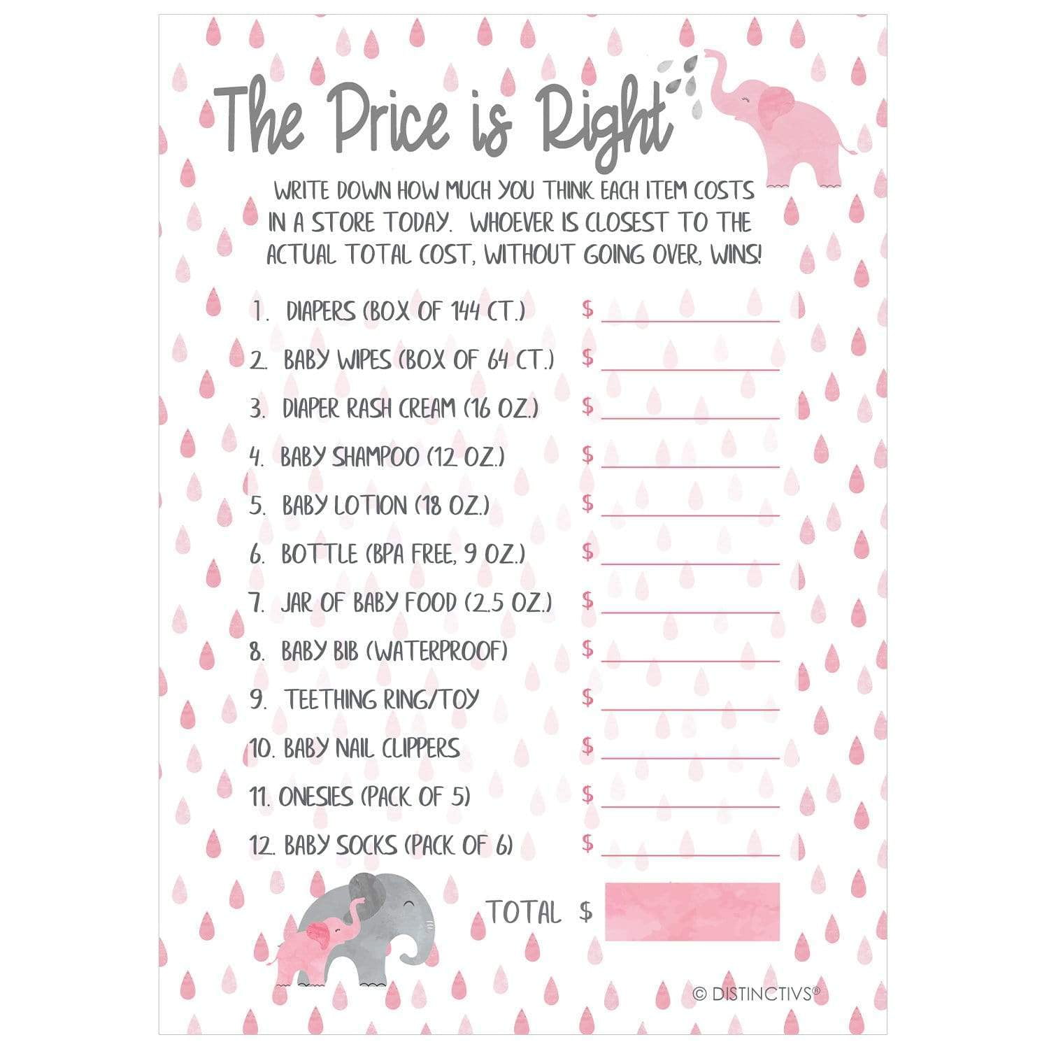 Baby Shower Party Girl Keepsake Game Pink Baby Elephant 20 PREDICTION CARDS 