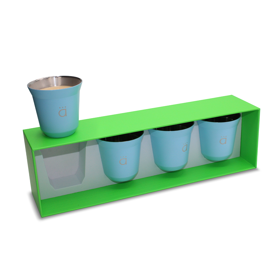 Kalmateh Double Wall Insulated Stainless Steel Espresso Coffee Cup Set, Pack of Four - Heat Resistant Espresso Coffee Cups- 2.7oz 80ml (Light Blue)