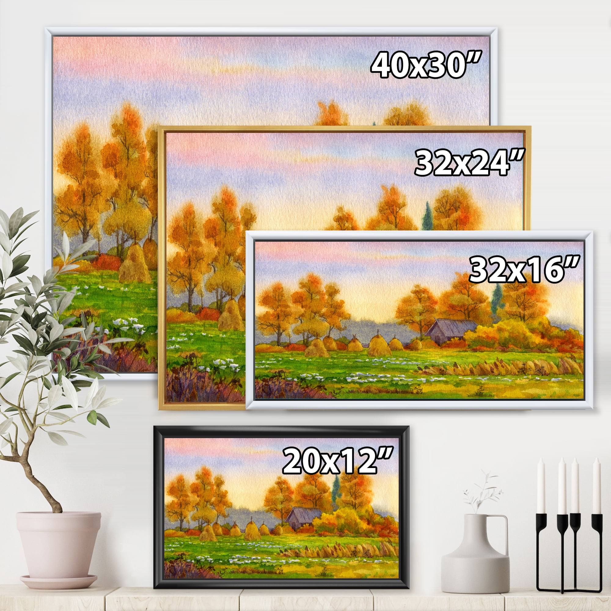 Designart 'Orange Fields With Haystacks I' Lake House Framed Canvas Wall Art Print