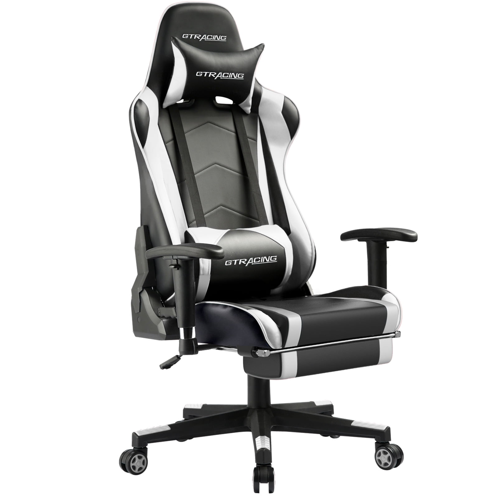 GTRACING Gaming Chair with Footrest PU Leather Office Chair with Adjustable Headrest, White ...