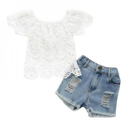 

Clearance Sale Summer Toddler Kids Clothes Sets Lace Flower tops Ripped Denim Jeans Shorts Pants Outfits Sets for Children Girls