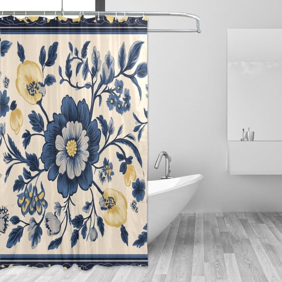 Vintage Color Blue and Yellow Florals Shower Curtains with 12 Hooks Waterproof Bathroom Decor 66" x 72"