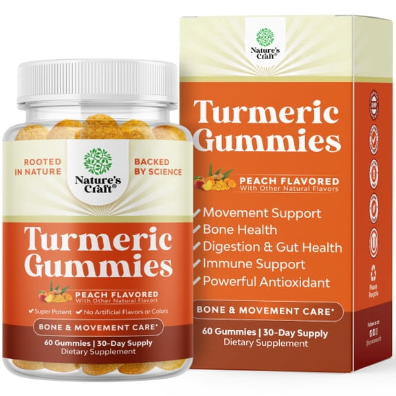 Natures Craft Turmeric Curcumin with Black Pepper Immune Support Supplement, Peach, 60 Gummies