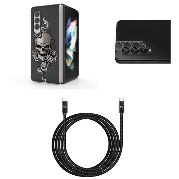 Accessory Bundle for Galaxy Z Fold 4: Slim Snap-On Case (Skull Flowers), Rear Camera Glass Protector, Nylon Braided USB-C to USB-C Cable (4 Feet)