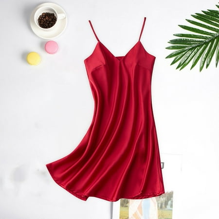 Xysaqa Women Lingerie Sleepwear Satin Chemise Nightgown Nightdress Slip Sleepwear Lounge Mini Flowy Dress S-XXL