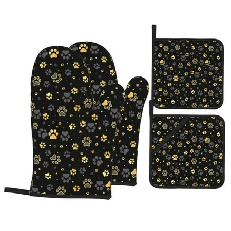 

Oven Mitts and Pot Holders Sets 4 pcs - Gold Dog Paw Heat Resistant Silicone Oven Gloves with Non-Slip Silicone Surface and hot pads for kitchen Baking Cooking BBQ