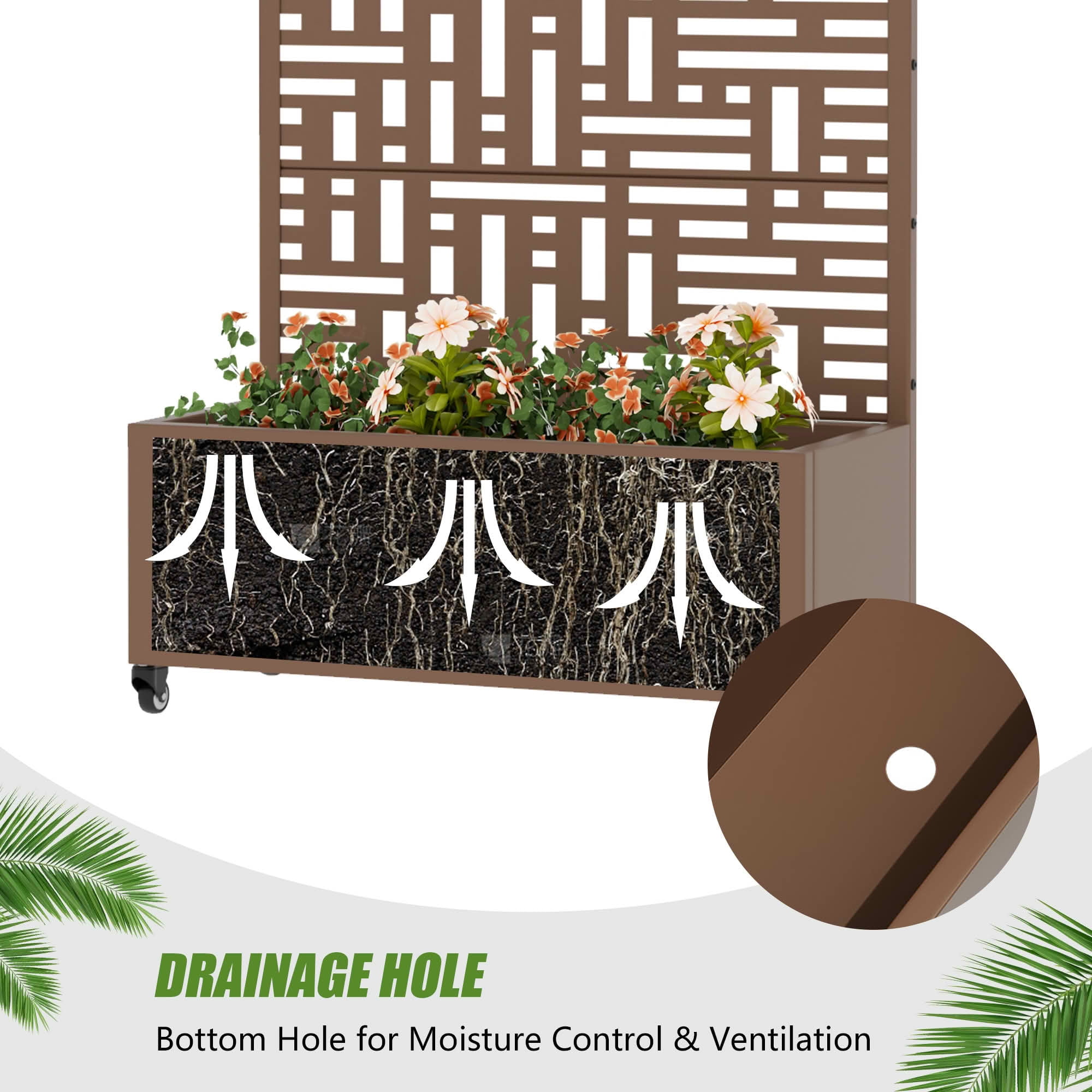 MAYEERTY 72X35" Metal Outdoor Brown Privacy Screen with Planter Box for Backyard & Garden, 5 Piece Set
