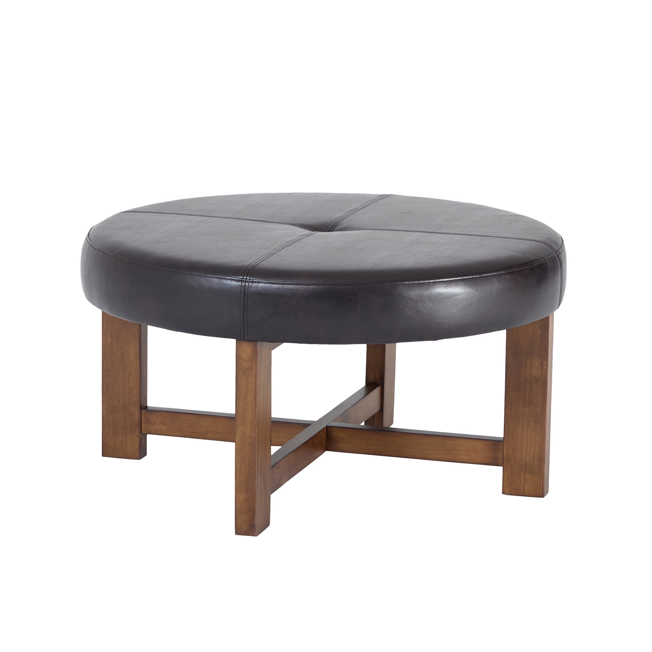 Christopher Knight Home 35" Round PU Leather Ottoman Coffee Table, Tufted Footrest with Wooden Base, Dark Brown