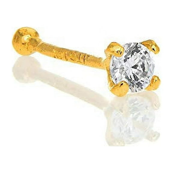 JewelStop 14K Solid Yellow Gold Nose Ring Bone CZ Prong Set - 0.5mm 24 Gauge 9mm Long