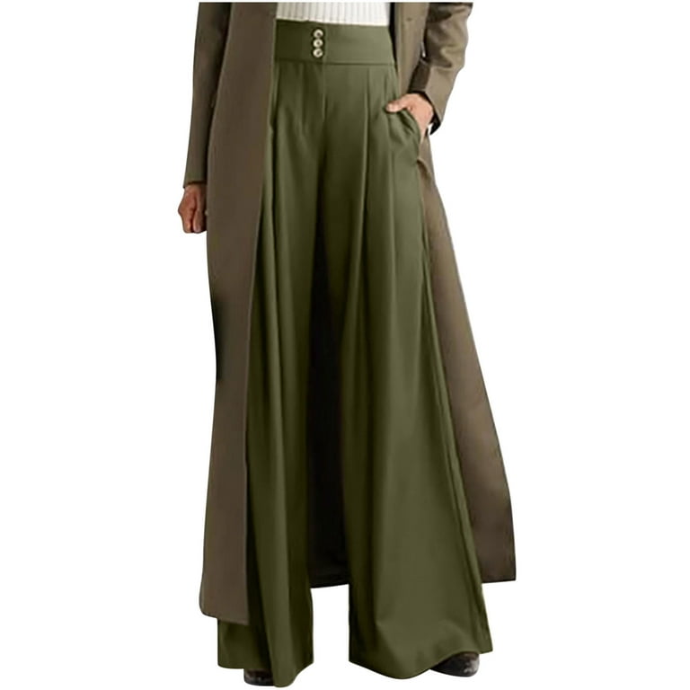 RQYYD Women's Plus Size Wide Leg Pants Pleated High Waisted Business Office  Work Trousers Long Straight Suit Pants(Army Green,XL)